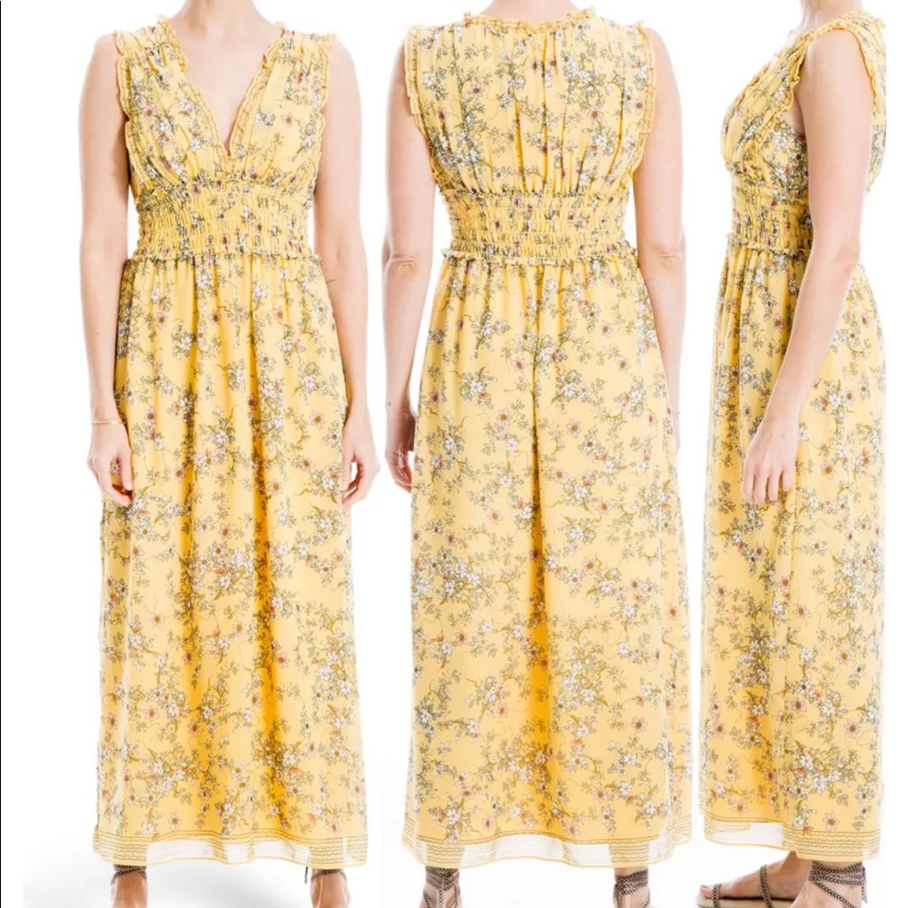 Max Studio Yellow V Neck Floral Midi Dress Size S